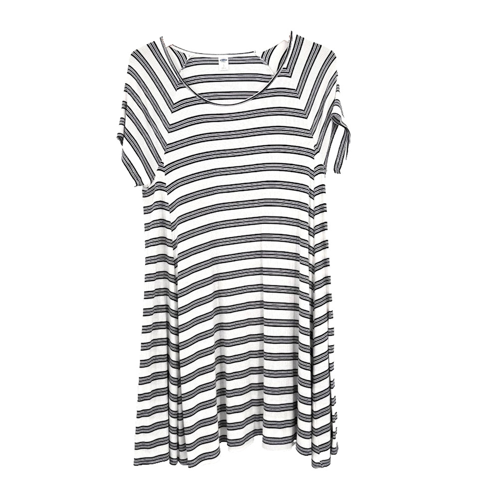 Old Navy Womens Large Black White Striped Ribbed Swing Dress Short Sleeve